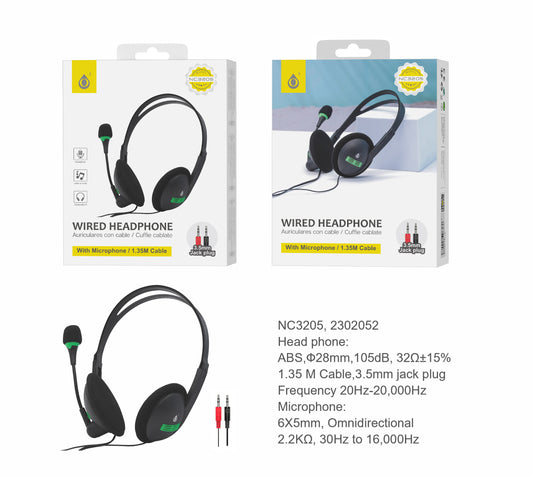 NC3204 NE  Auriculares Cascos con Cable  y Microfono  , Cable 1.35m , 3.5mm Jack Plug,  Negro