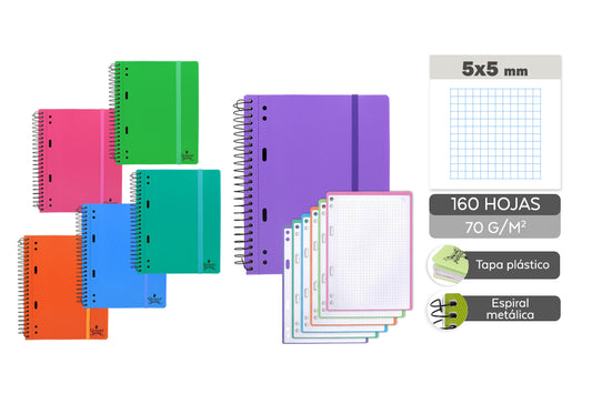 Cuaderno Espiral A5 160H 90G/M2 Cuadros 5X5Mm Tapa Plástico