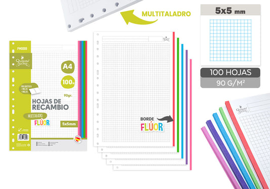Recambio Folios A4 Multitaladro 100H 90G Fluor C.5X5Mm