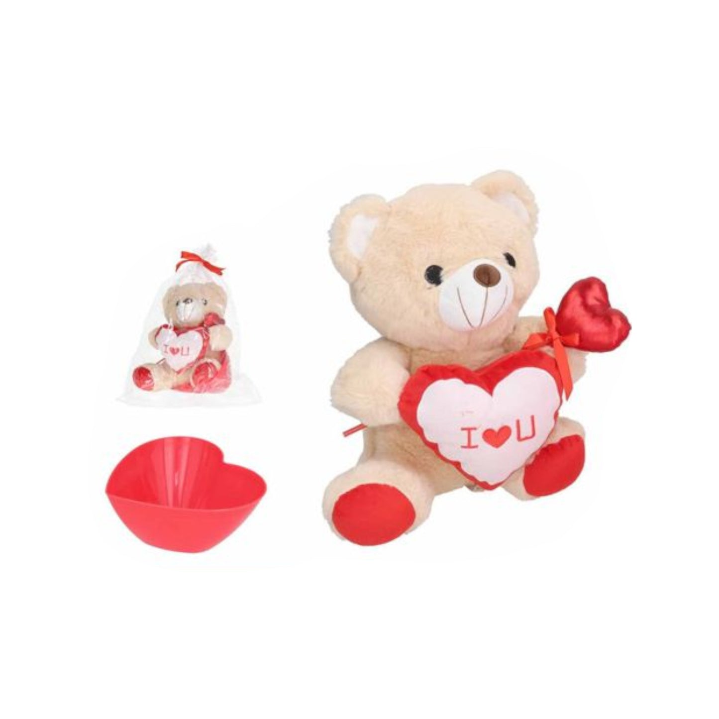 Set Osito de Peluche Corazón Abrazo 30cm +3años y Bol Forma Corazón