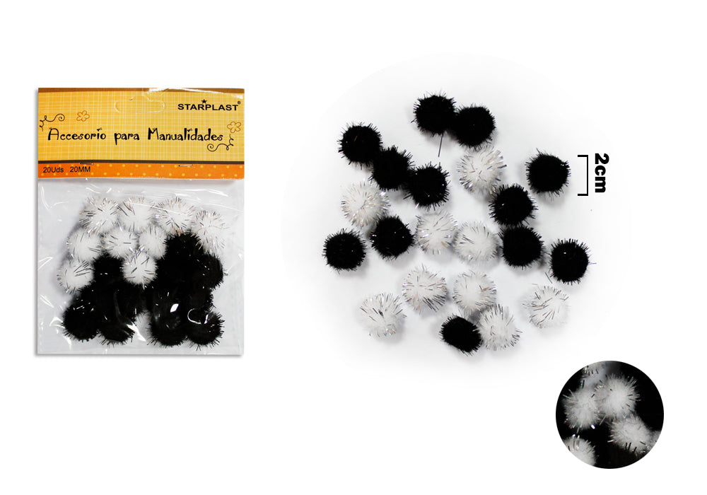 Pompons Preto e Branco 20Mm 20U