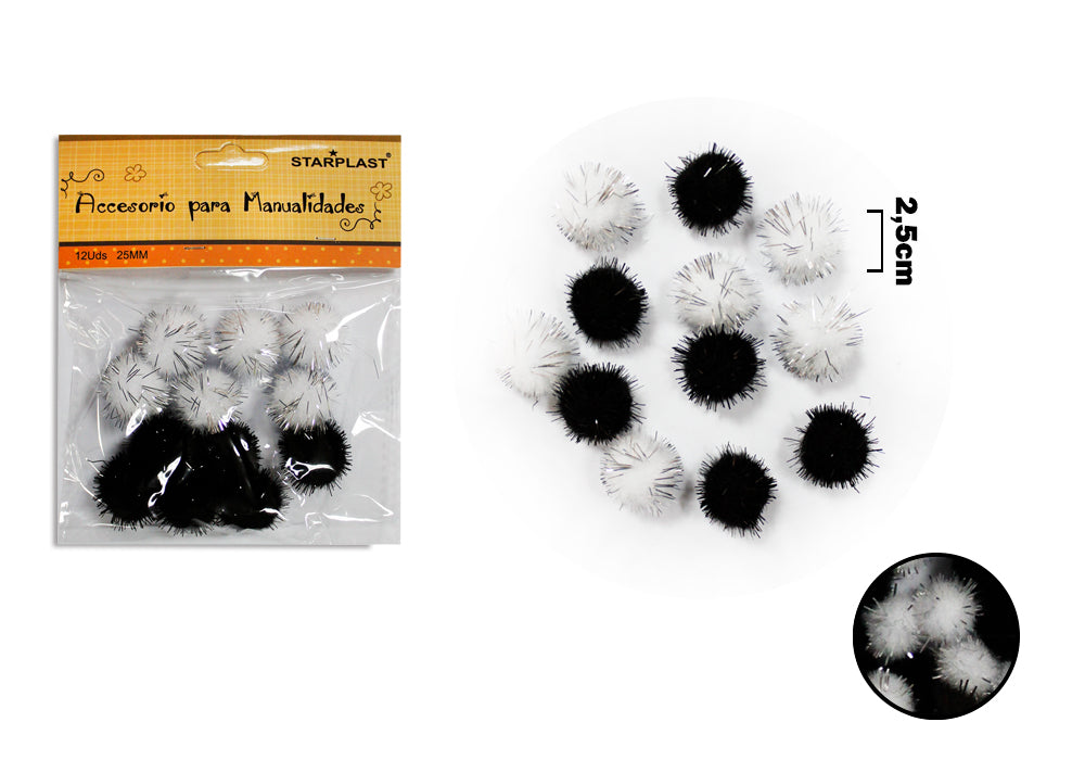 Pompons Preto e Branco 25Mm 12U