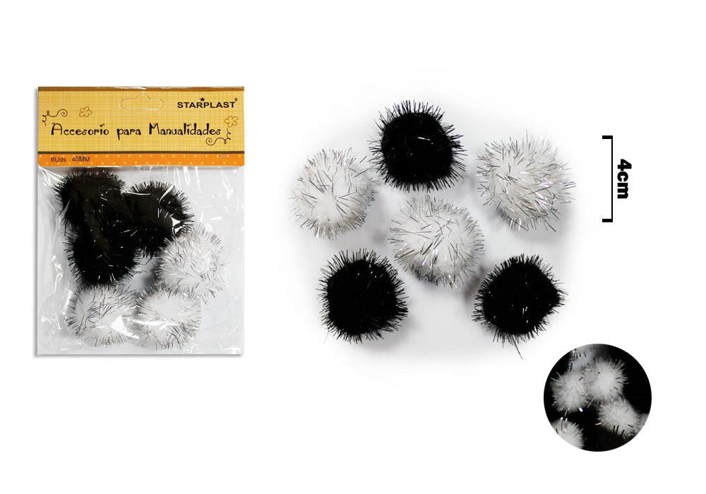 Pompons Preto e Branco 40Mm 6U