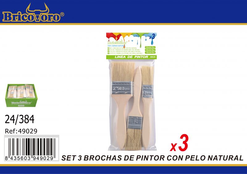 Conjunto de 3 pincéis de pintura com cabelo natural