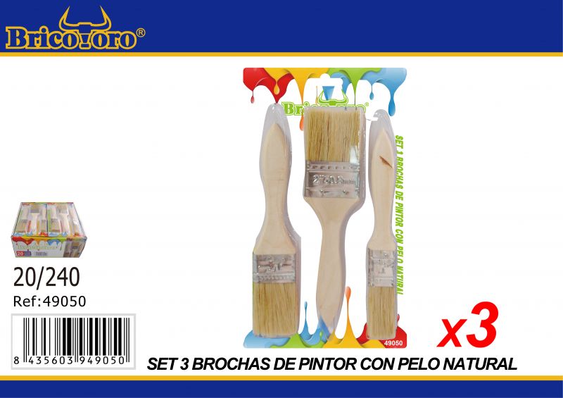 Conjunto de 3 pincéis de pintura com cabelo natural