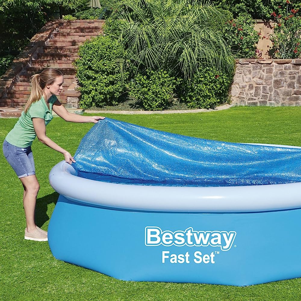 BESTWAY 58241 - Cobertor Solar Piscina Desmontable Redonda Ø289 cm PVC Resistente al Sol Azul de Fácil Instalación 100x45x115 cm