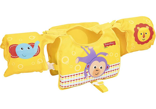 Colete infantil amarelo Fisher-Price com design animal e punhos cheios de espuma