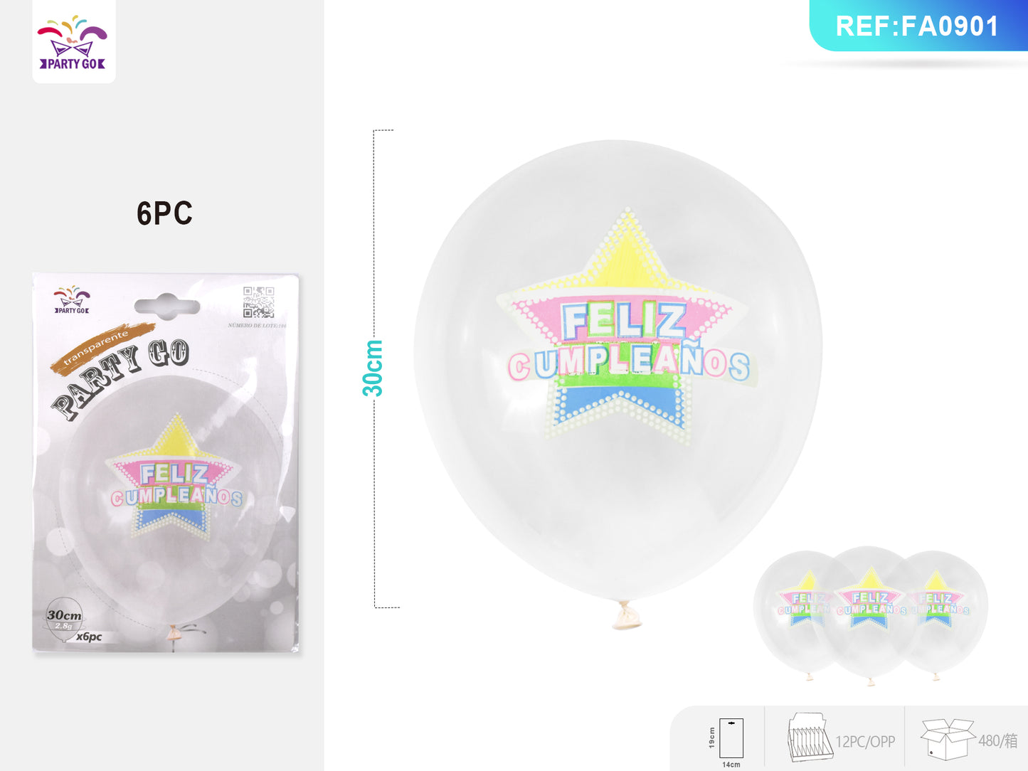 Globo Transparente Estampado《Feliz Cumplea?Os》Estrella Arco Iris 6Pcs