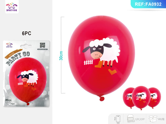 Balão vermelho fosco com estampa de ovelha branca 6 unidades