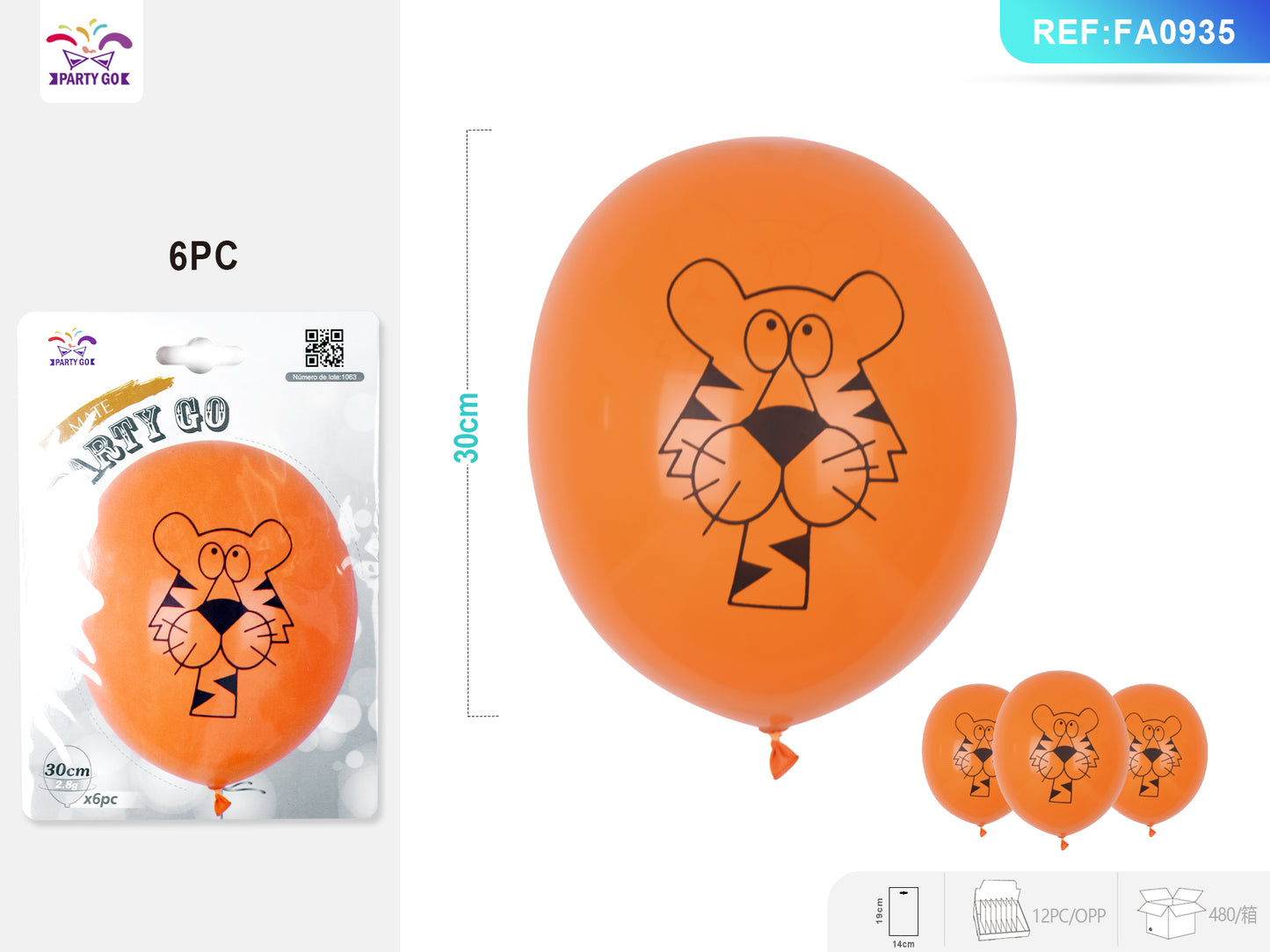 Balão laranja fosco com estampa de tigre 6 unidades