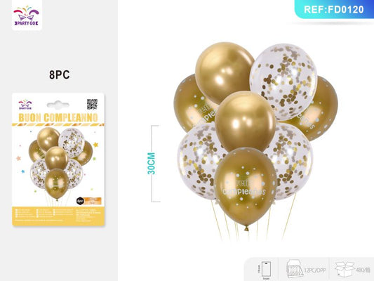 Conjunto De Globos Metalizado Oro Y Globo Transparente Con Relleno 2.8G 8Pc