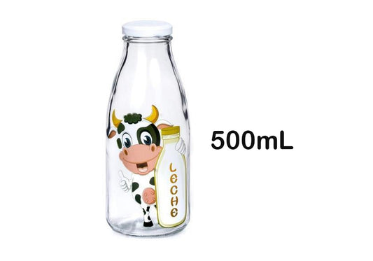 Botella cristal para leche 500mL con tapa