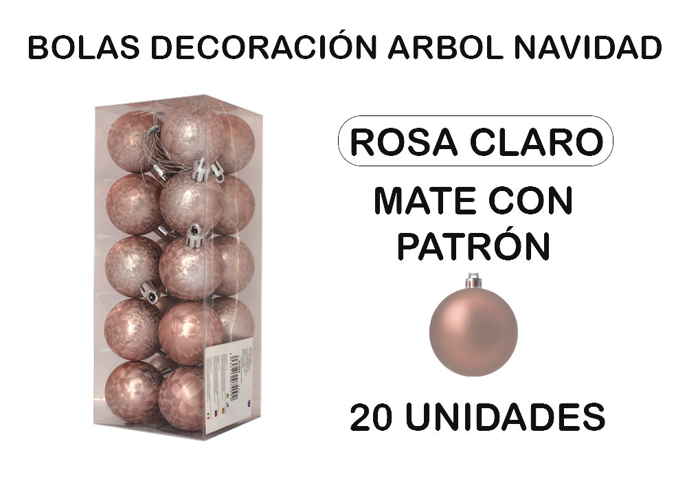 20 Bolas Rosa claro mate con patrón decoración árbol navidad