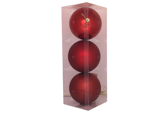 3 bolas vermelhas foscas, foscas com padrão e decoração de árvore de Natal brilhante