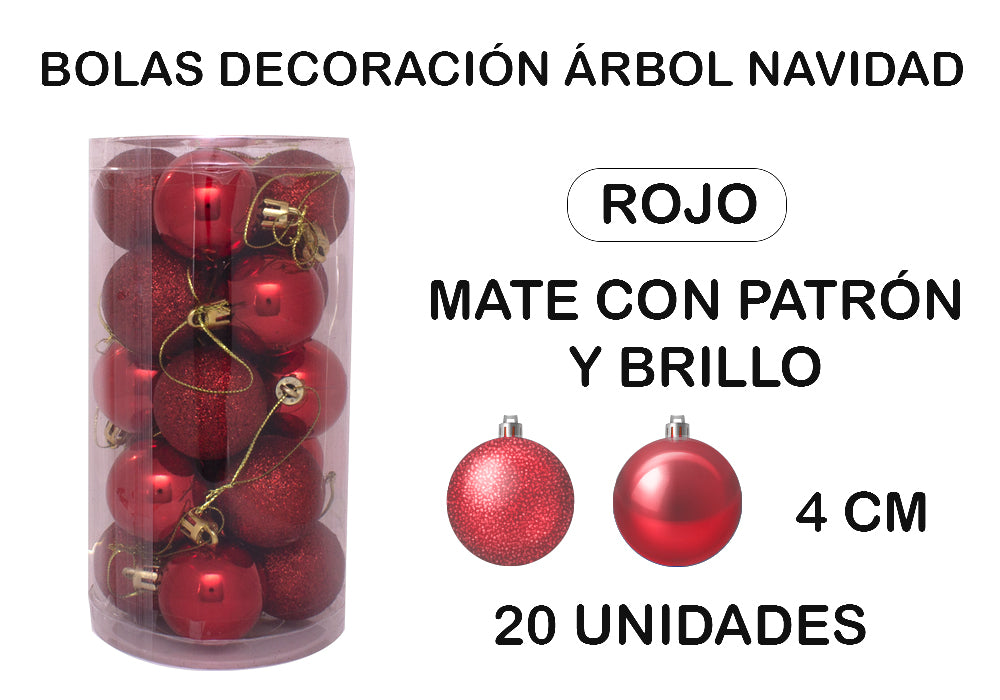 20 Bolas Rojas mate con patrón y brillo 4cm decoración árbol navidad