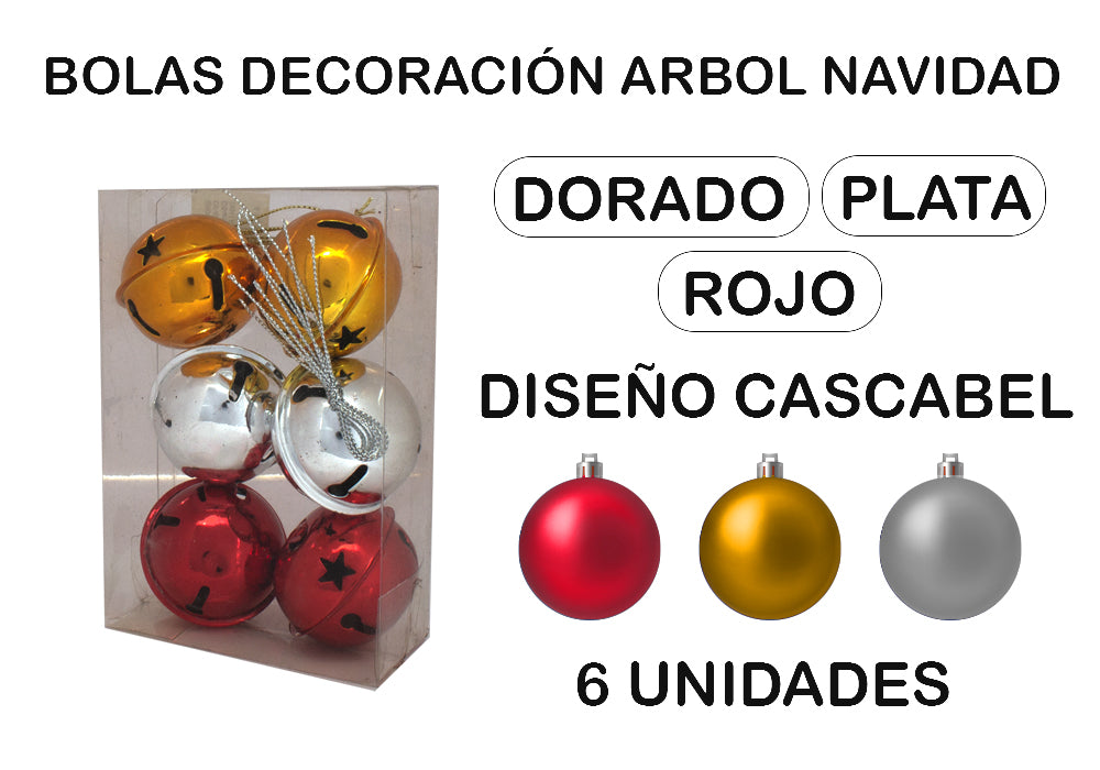 6 Bolas Diseño Cascabel Rojas, doradas y plata Decoración árbol navidad