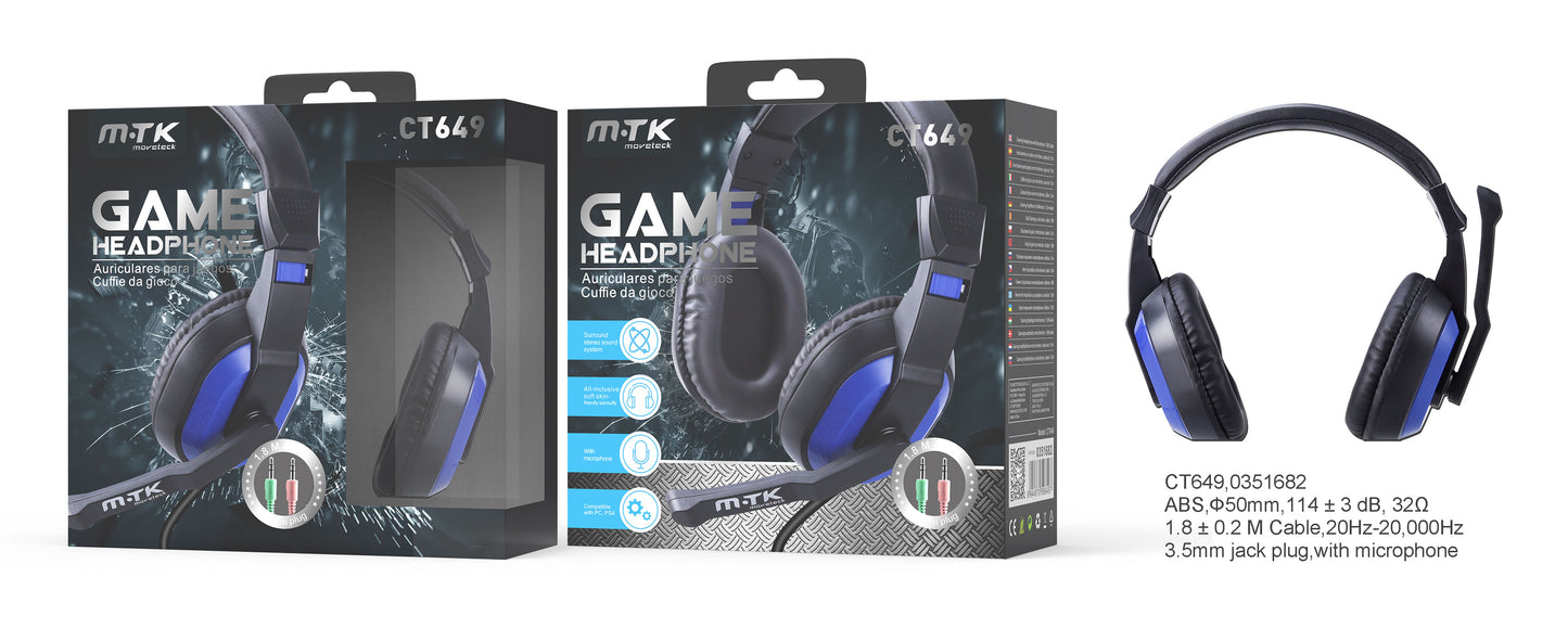 CT649 NE+AZ Fones de ouvido para jogos com microfone para PS4/Nintendo Switch/Xbox One/Laptop/Tablet/Celular, preto + azul