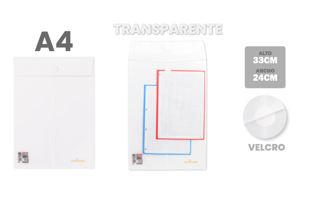 Envelope com fecho de velcro A4 vertical 240X330 transparente