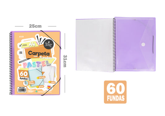 Pasta Espiral 60 Mangas A4 Capa Intercambiável Envelope Roxo Pastel