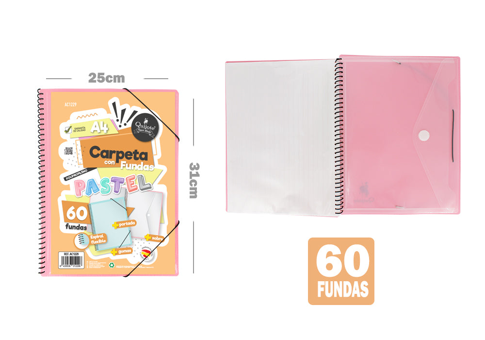 Carpeta Espiral 60 Fundas A4 Portada Intercambiable  Sobre Rosa Pastel