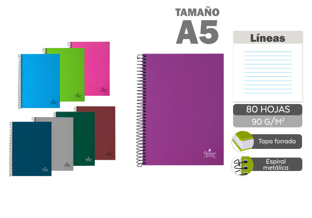 Cuaderno Espiral A5 80H 90G/M2 Líneas Tapa Forrada