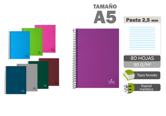 Cuaderno Espiral A5 80H 90G/M2 Pautado 2.5 Tapa Forrada