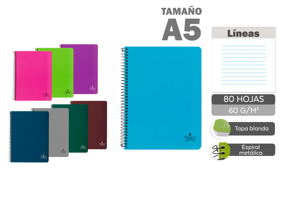 Cuaderno Espiral A5 80H 60G/M2 Líneas Tapa Blanda