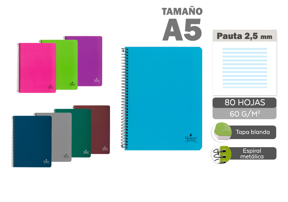 Cuaderno Espiral A5 80H 60G/M2 Pautado 2.5 Tapa Blanda