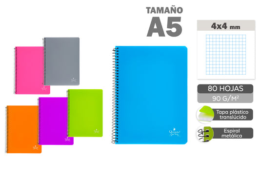 Cuaderno Espiral A5 80H 90G/M2 Cuadros 4X4Mm Tapa Plástico