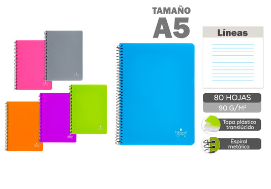 Cuaderno Espiral A5 80H 90G/M2 Cuadros Líneas Tapa Plástico