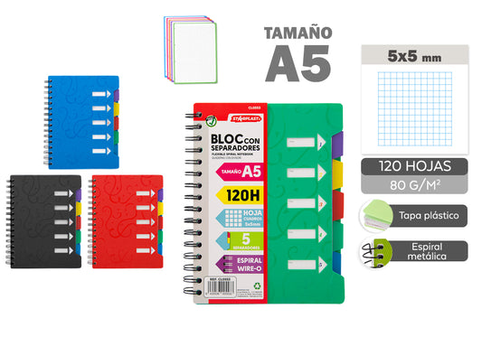 Cuaderno Espiral A5 120H Cuadros 5X5Mm Con Separadores