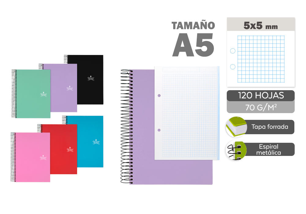 O caderno A5 120H 70G/M2 esquadra a tampa alinhada 5X5Mm com perfurações