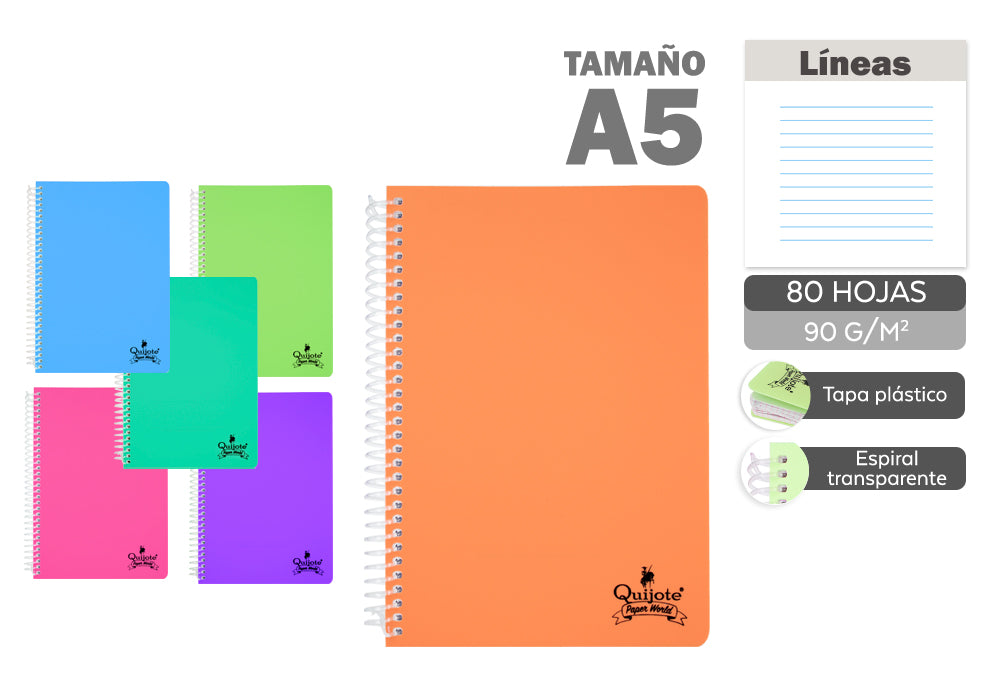 Cuaderno Espiral Flexible A5 80H 90G/M2 Líneas Tapa Plástico