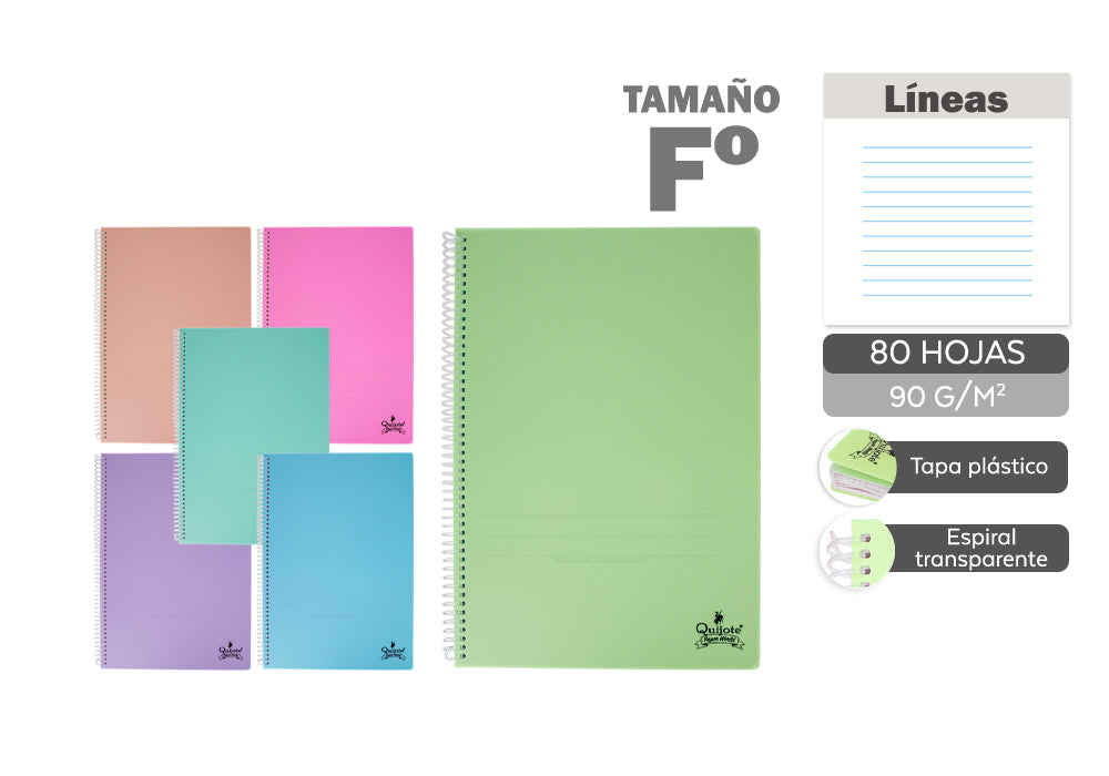 Cuaderno Espiral Flexible Folio 80H 90G/M2 Líneas  Tapa Plástico