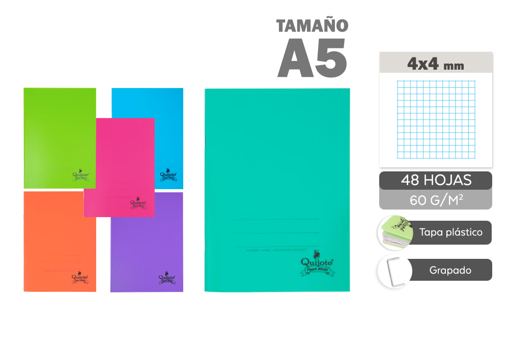 O caderno grampeado A5 48H 60G/M2 esquadra a tampa plástica de 4X4Mm