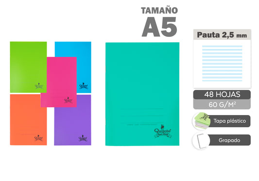 O caderno grampeado A5 48H 60G/M2 governou a tampa 2,5 plástica