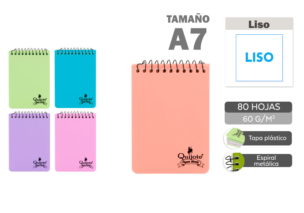 Libreta T/P A7 80H 60G Espiral Arriba Liso 6 Colores Pastel