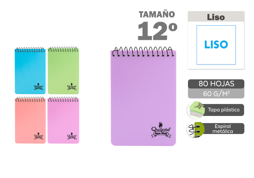 Libreta T/P 12 80H 60G Espiral Arriba Liso 6 Colores Pastel