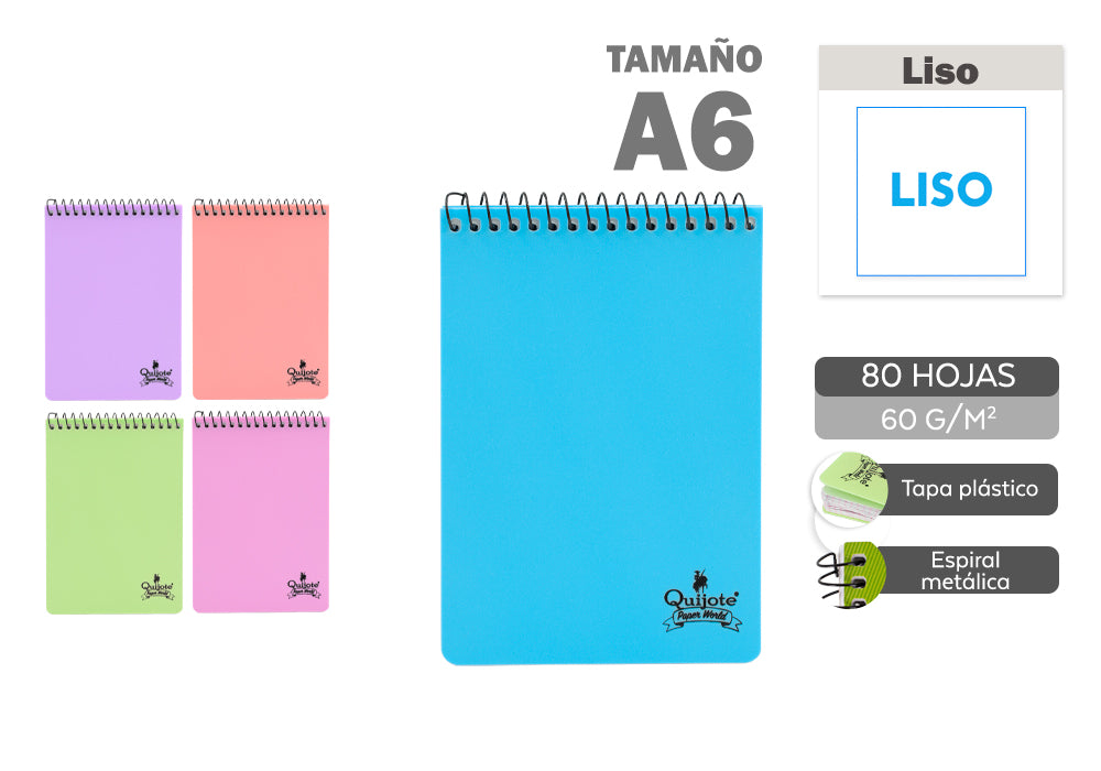 O caderno T/P A6 80H 60G espirala acima de 6 cores pastel lisas