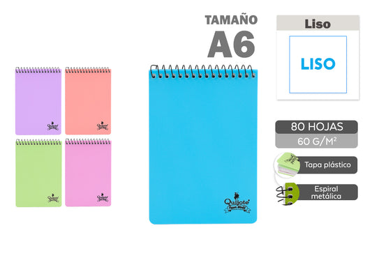 Libreta T/P A6 80H 60G Espiral Arriba Liso 6 Colores Pastel