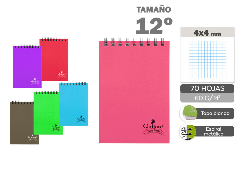 Caderno 12º 85X125Mm 70H 60G/M2 Quadrados 4X4Mm Capa Espiral Superior Normal