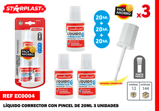 Set 3 Botes Líquido Corrector 20Ml Con Pincel