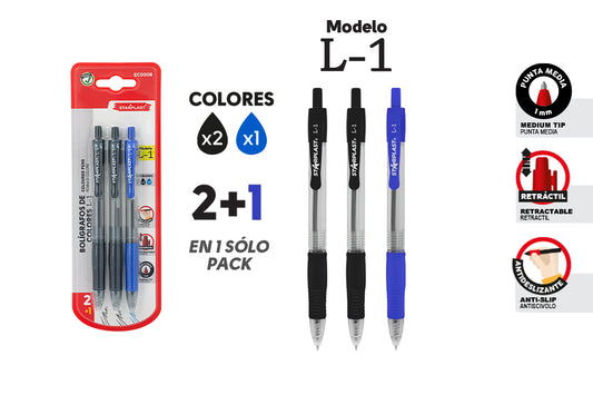 圆珠笔3支装 Boligrafos De Colores L-1 2Negro1Azul