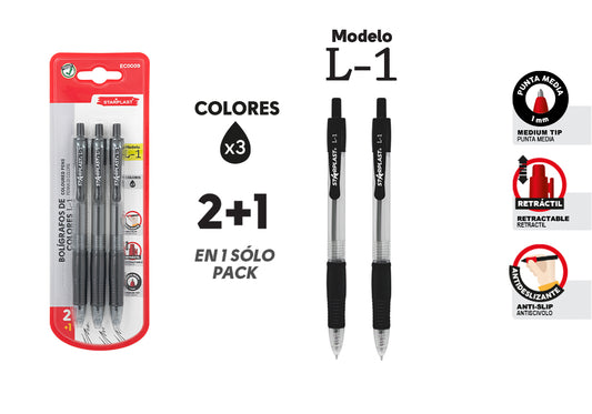 圆珠笔3支装 Canetas Coloridas L-1 3Pretas