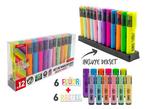 Set De 12 Marcadores Flúor  Pastel Con Deskset