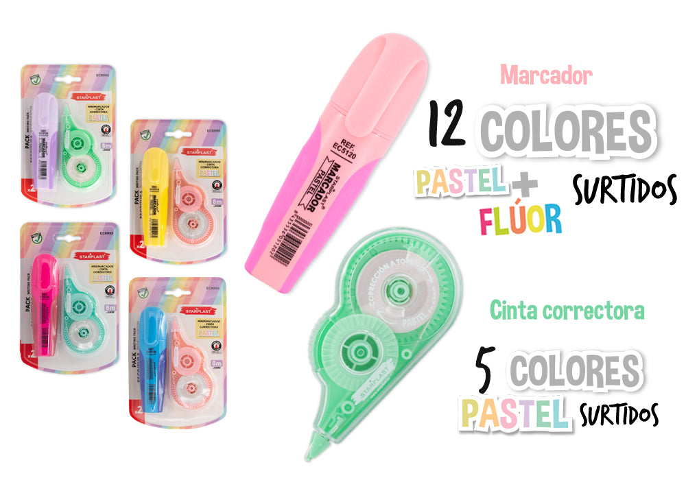 Set De Cinta Correctora Pastel + Marcador Antideslizante