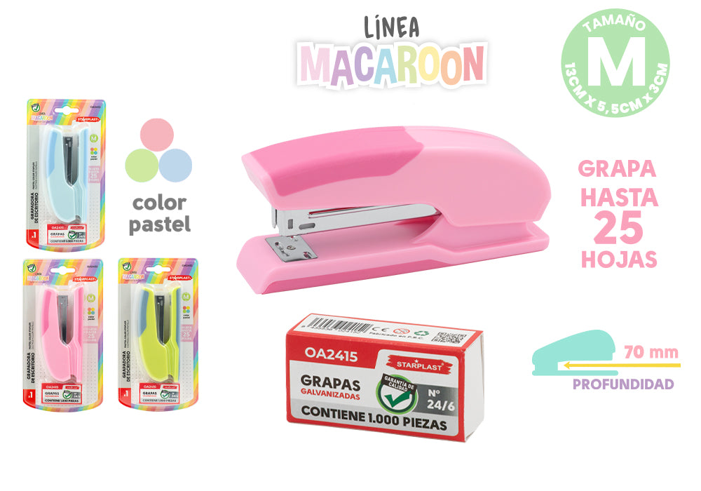 Grampeador Com Grampos 24/6 Cores Pastel