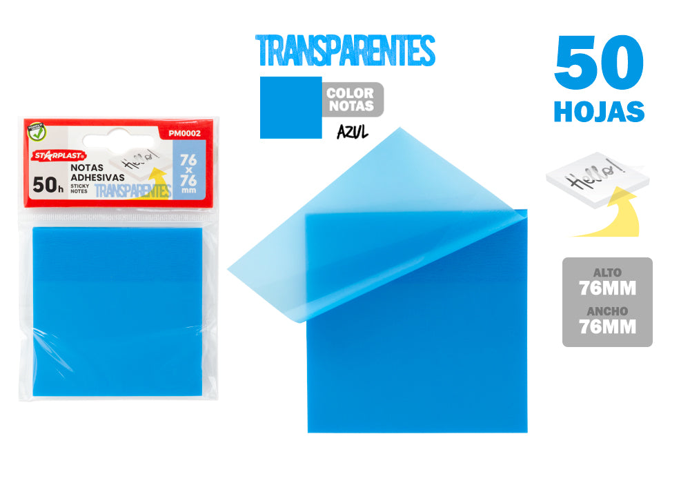 Notas adesivas transparentes azuis 50H 76X76Mm