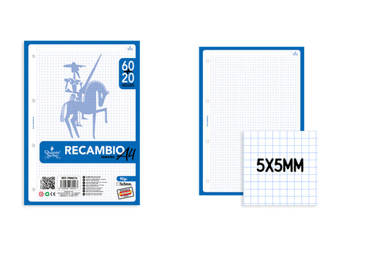 Recambio A4 90G/M2 80U Cuadros 5X5Mm Azul