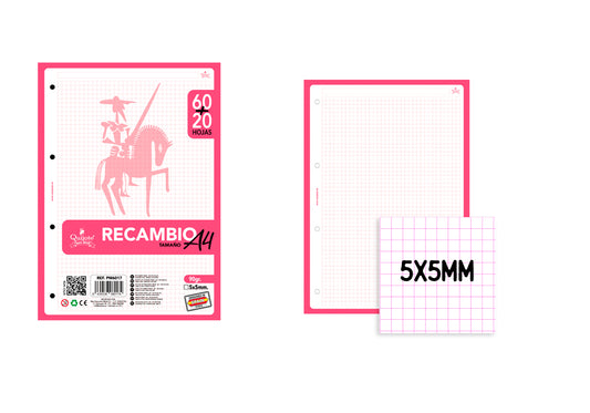 Recambio A4 90G/M2 80U Cuadros 5X5Mm Fucsia